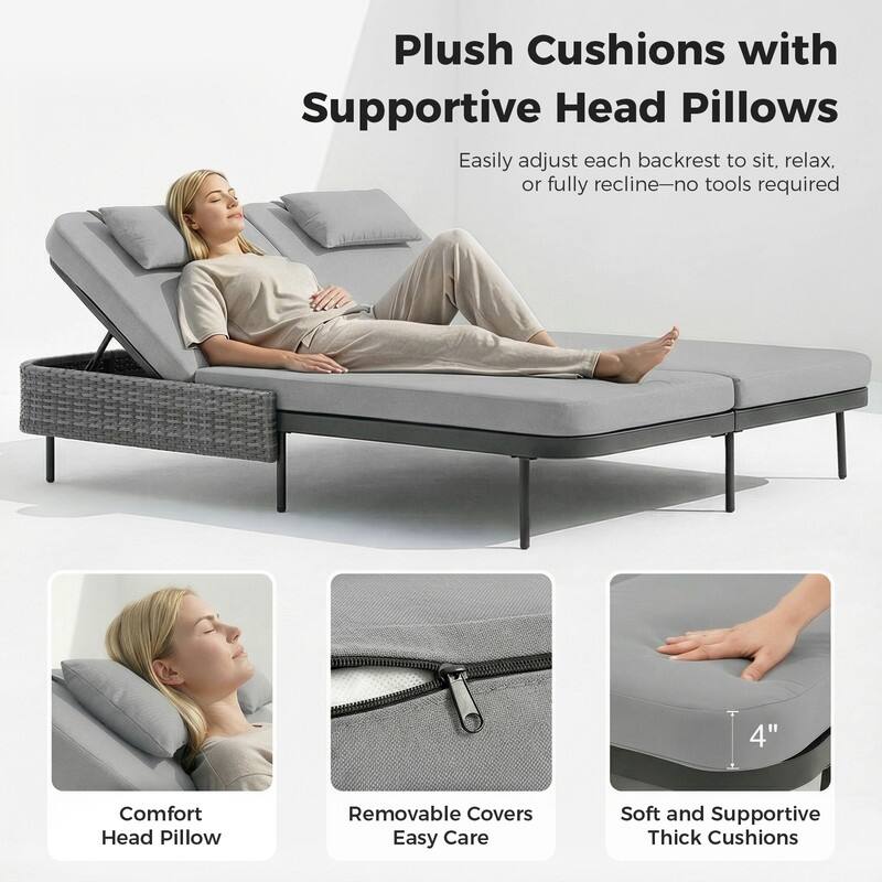 2-Person Outdoor Double Chaise Lounge with 2 Side Tables, Wicker Patio Reclining Daybed, Adjustable Backrests, 800 lb Capacity