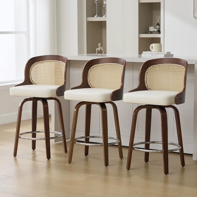 26" Upholstered Swivel Counter & Bar Stool with Rattan Back - 37.4"H x 19.09"W x 19.88"D