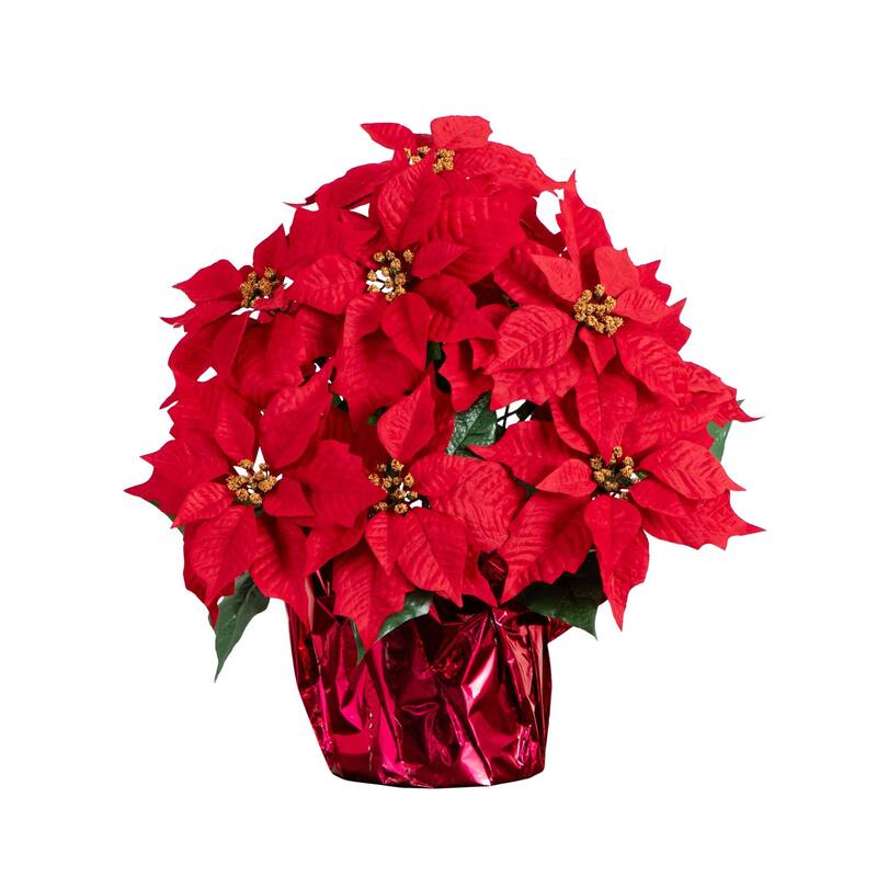 Potted Poinsettia Artificial Floral Arrangement - 19" - Red
