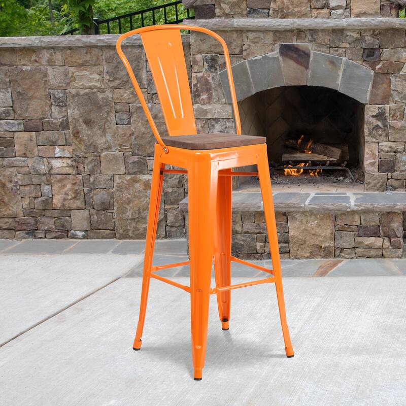 30" High Metal Barstool with Back and Wood Seat - 17.75"W x 20"D x 45.25"H - Orange