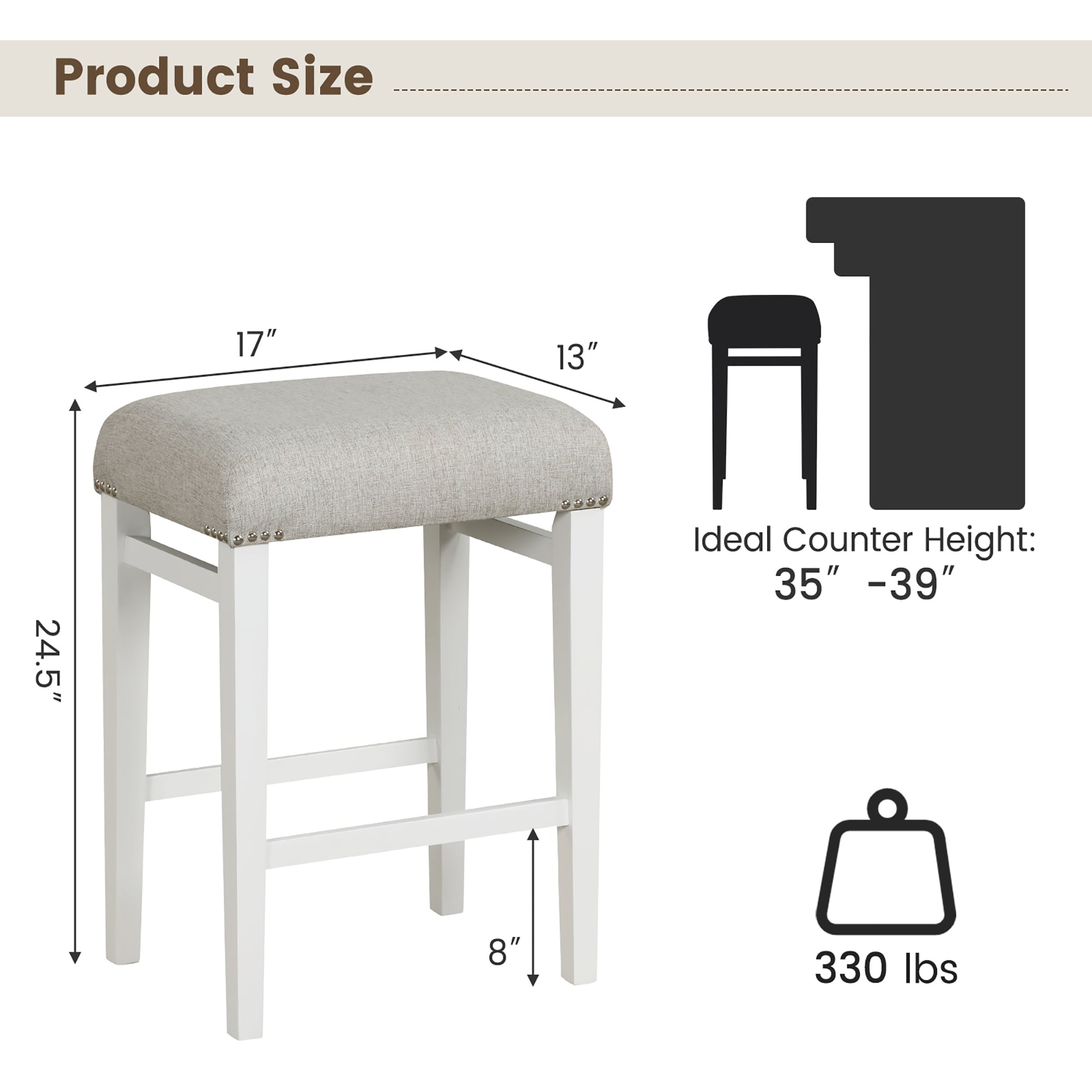 Set of 2 Backless Bar Stools Tufted Upholstered Counter Bar Height