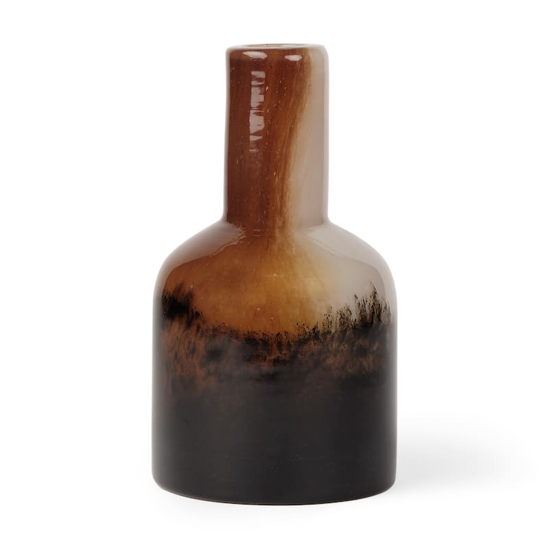 9" Amber Cream And Dark Brown Abstract Tulip Glass Table Vase - 4.72