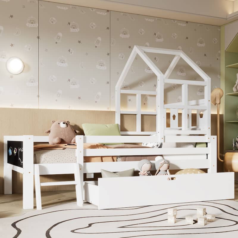 Roomfitters Size House Bed with Ladder and Storage Drawers, Solid Wood Platform Bed Frame with Blackboard Design, White