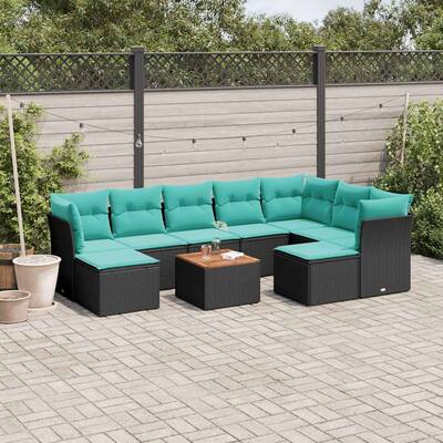 vidaXL 10 Piece Patio Sofa Set with Cushions Black Poly Rattan - 24.4 x 24.4 x 27.2