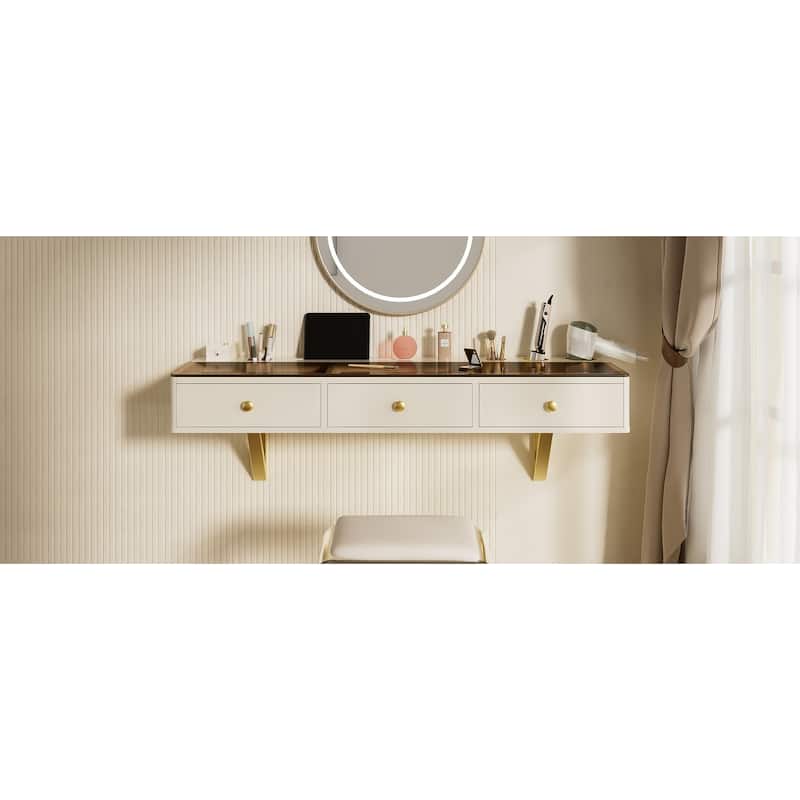 47 inch Floating Shelf with Drawer Multi Purpose Wall Mounted Vanity Table White Golden