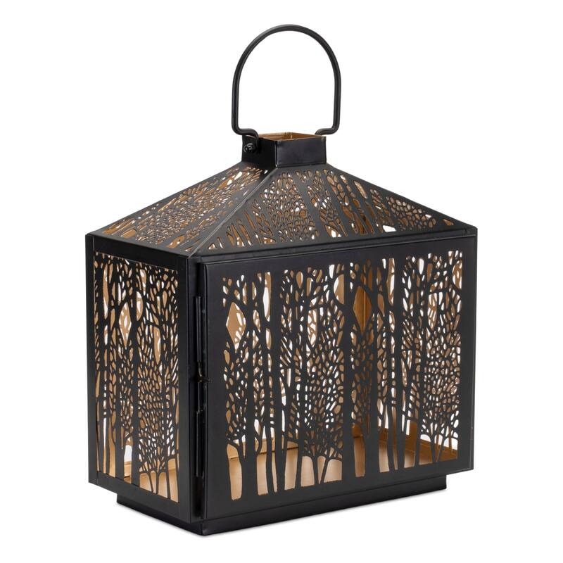 Forest Cut-Out Candle Lantern - 12.25" - Black and Gold