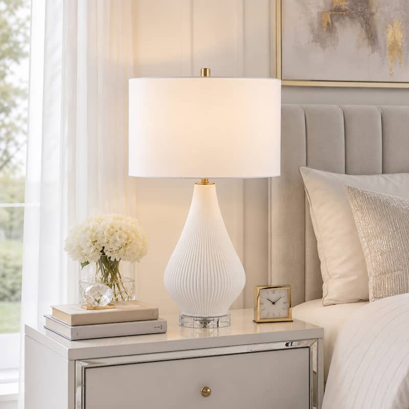 Modern Porcelain Teardrop Table Lamp with Textured Linen Shade - 24" - 24.0"