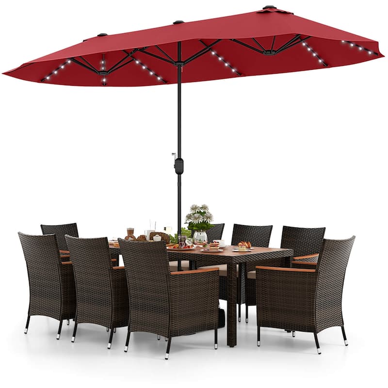 11 PCS Patio Dining Set Outdoor Rattan Furniture Set w/ 15ft Umbrella - Wine