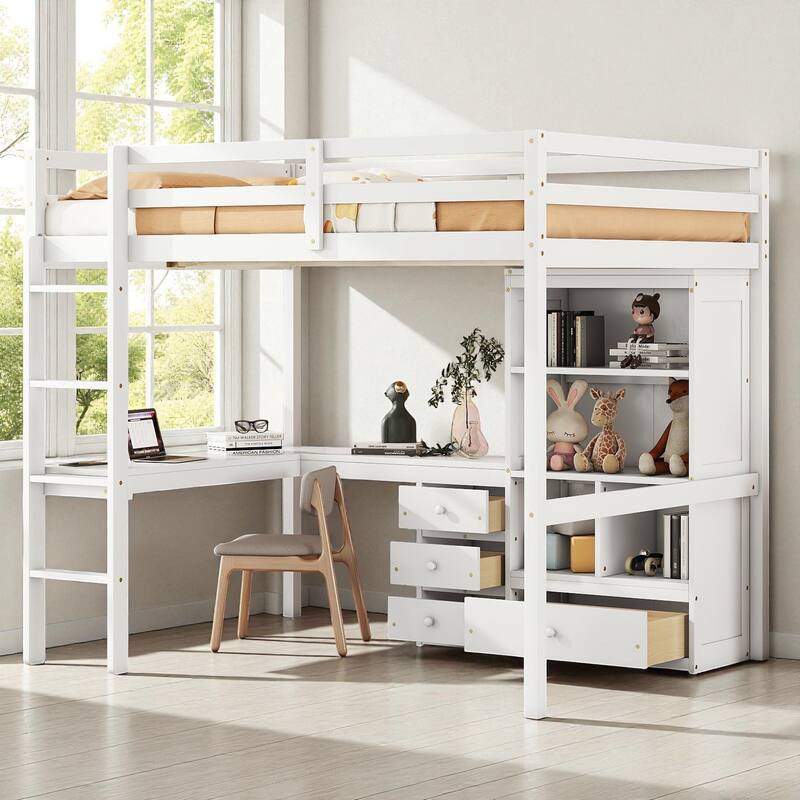 Full Size Loft Bed with Desk, Drawers and Shelves, Solid Pine Wood Frame with Built-in Ladder and Guardrails