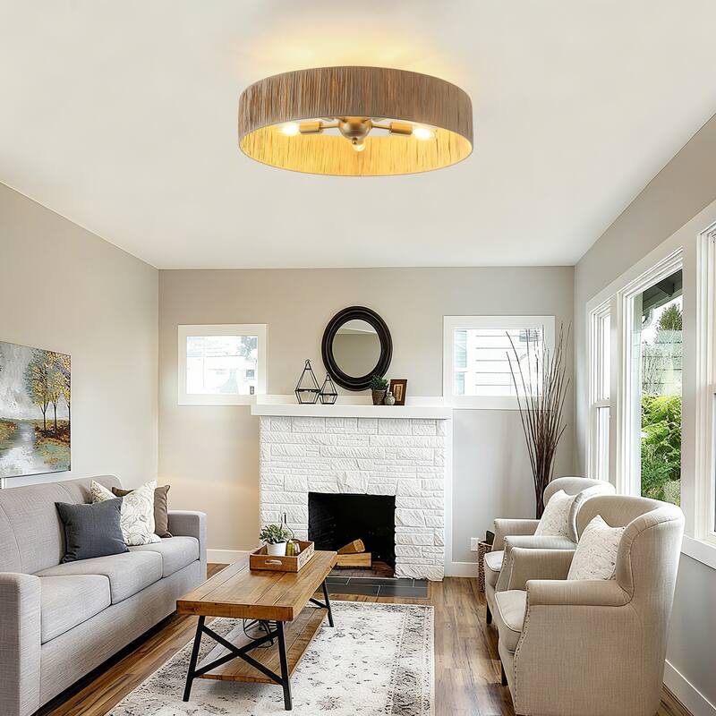 5-Light Natural Raffia Semi Flush Mount Ceiling Light- Farmhouse Rustic - 21.65"x21.65"x7.2"