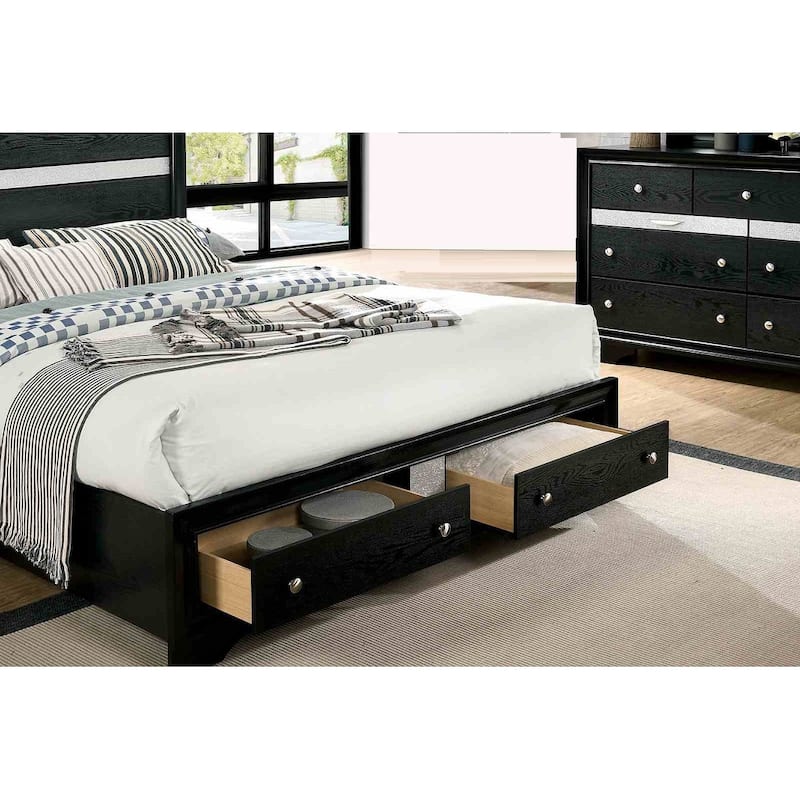 Black Finish Contemporary Bedroom Furniture Set with Hidden Jewelry Drawers