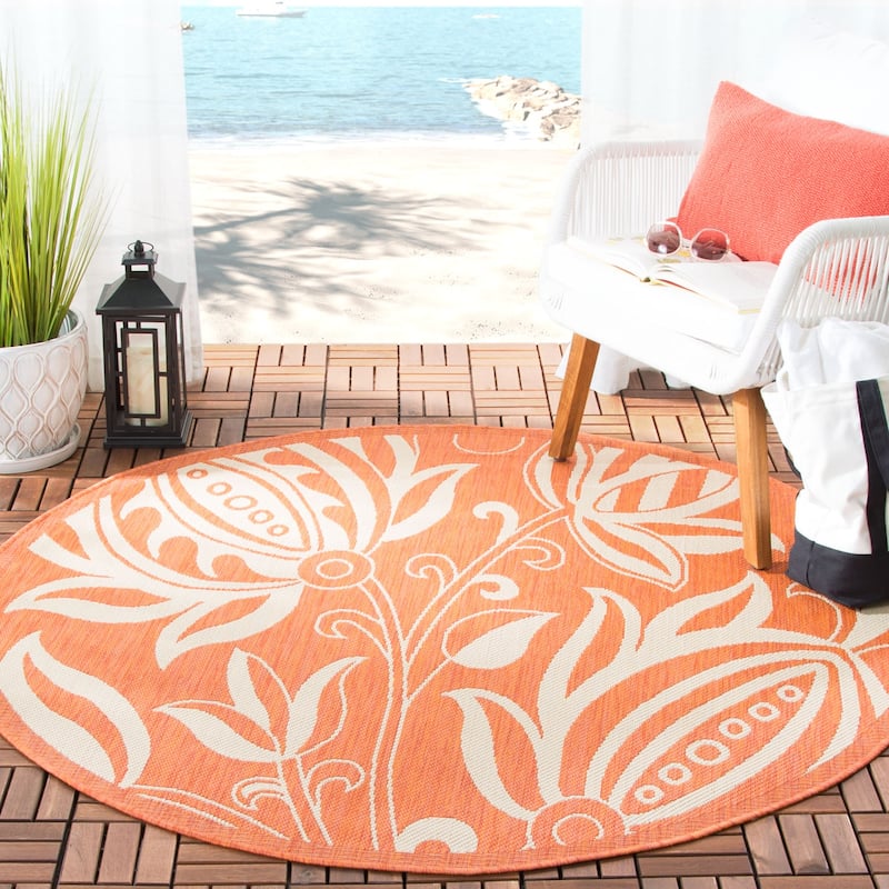 SAFAVIEH Courtyard Leatrice Indoor/ Outdoor Patio Backyard Rug - 6'7" x 6'7" Round - Terracotta/Natural