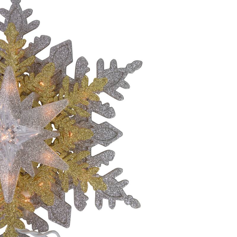 13.75" Lighted Gold and Silver Snowflake Christmas Tree Topper Clear Lights