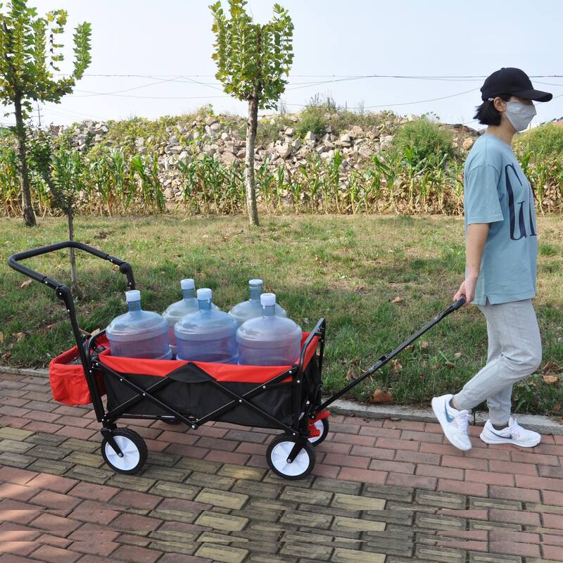 Collapsible Outdoor Utility Wagon, Foldable Garden Portable Hand Cart with Drink Holder & Adjustable Handles