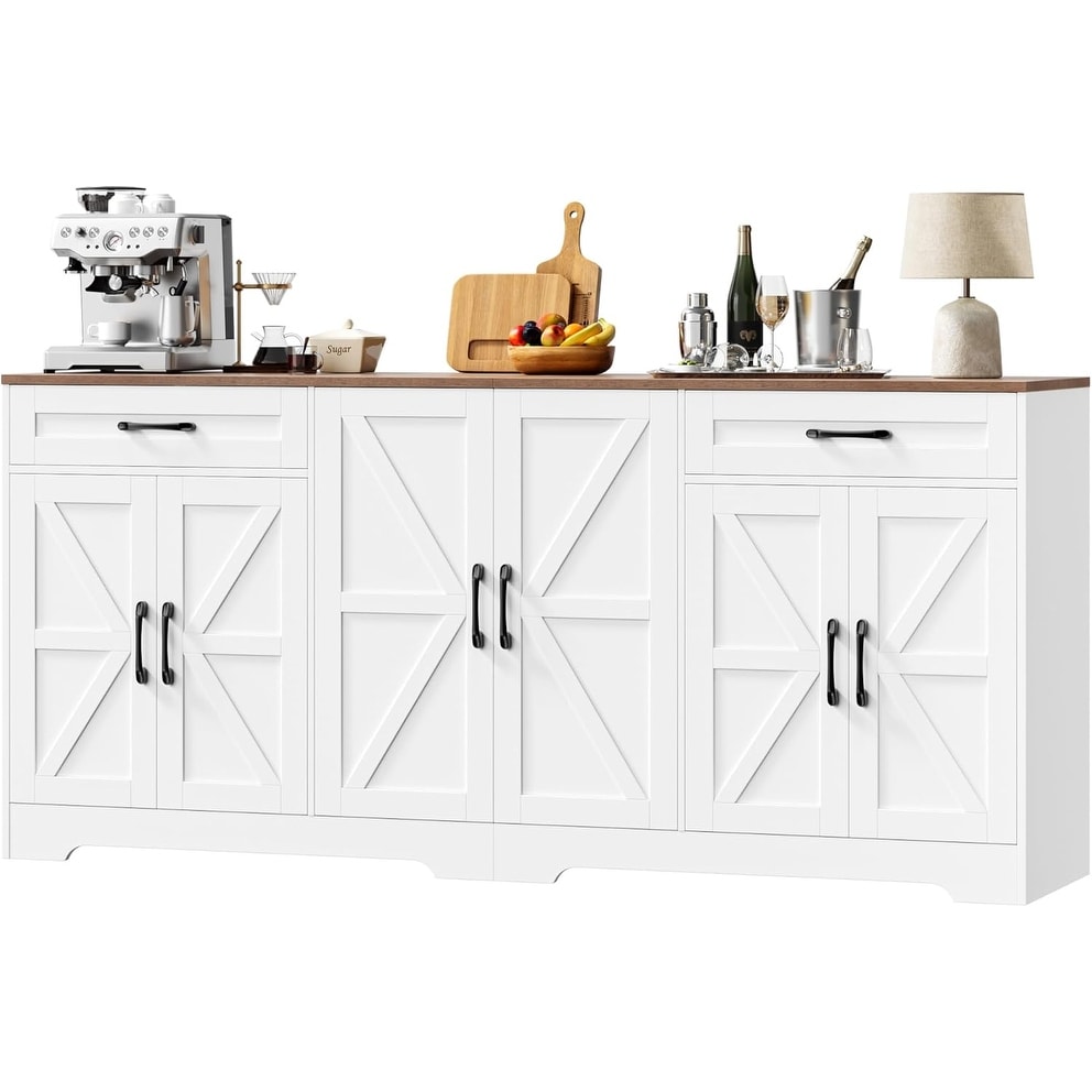 Large 71" Farmhouse Sideboard with Adjustable Shelves and 6 Barn Doors, Wood Bar Console for Kitchen or Dining Room, White