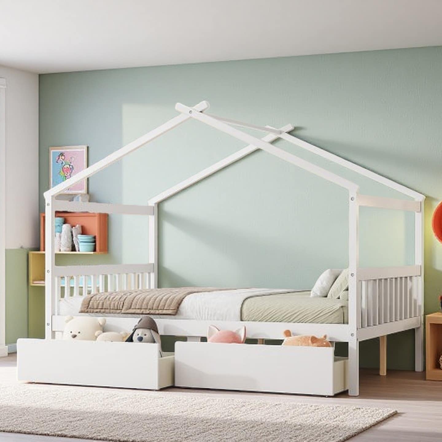 Twin Size Kids House Bed with Storage Drawers, Solid Pine Wood Frame with Whimsical Roof Design, Space-Saving Daybed