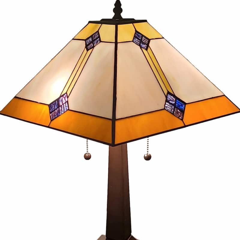 Dark Brown Metal Table Lamp with Cone-Stained Glass Shade and Pull Chain - 10” x 18” x 21” (D x W x H)