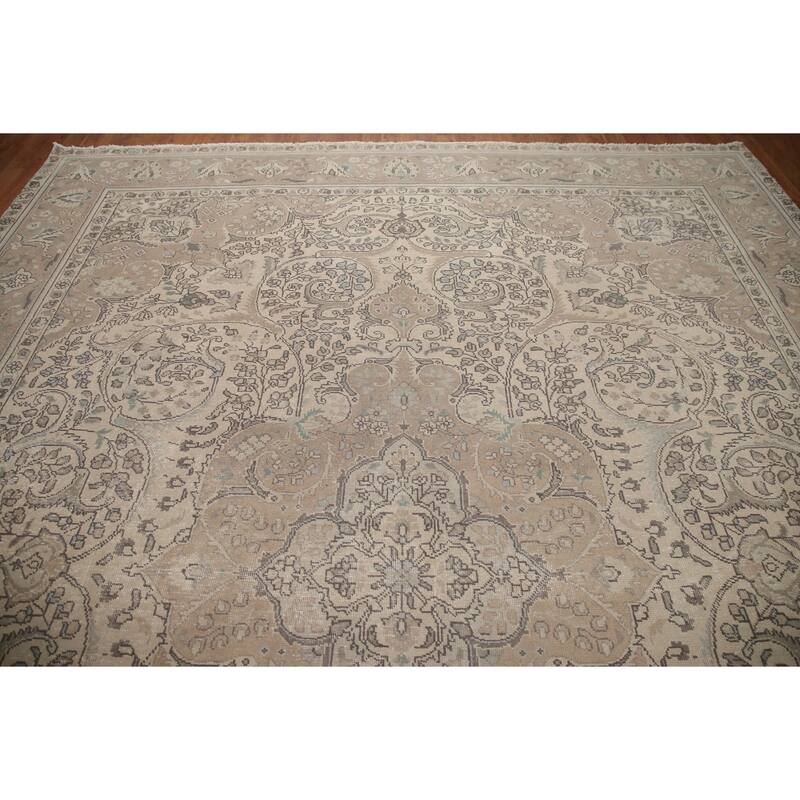 Hand Knotted Oriental 100% Wool Carpet Traditional Floral Beige & Ivories Tabriz Area Rug - 12' 7'' X 10' 0''