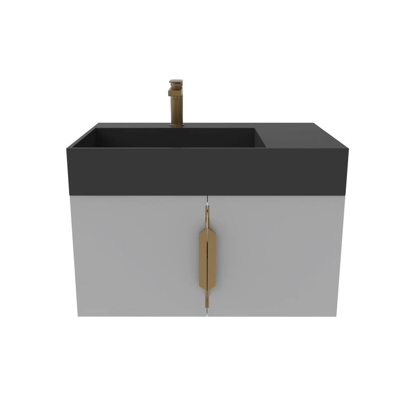Amazon 30" Wall Mounted Bathroom Left Basin Vanity Set w/ Black Top - Gold Finish - Grey