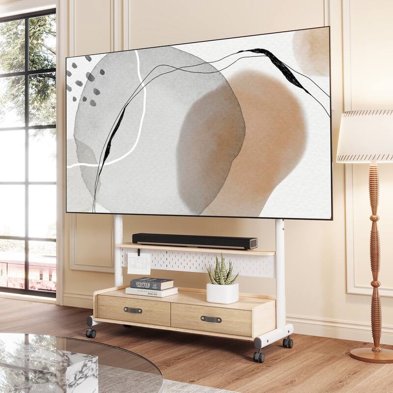 FITUEYES Mobile TV Stand for 70-100 inch Large TVs, Height Adjustable and Multi-functional with Wooden Large Drawer Storage