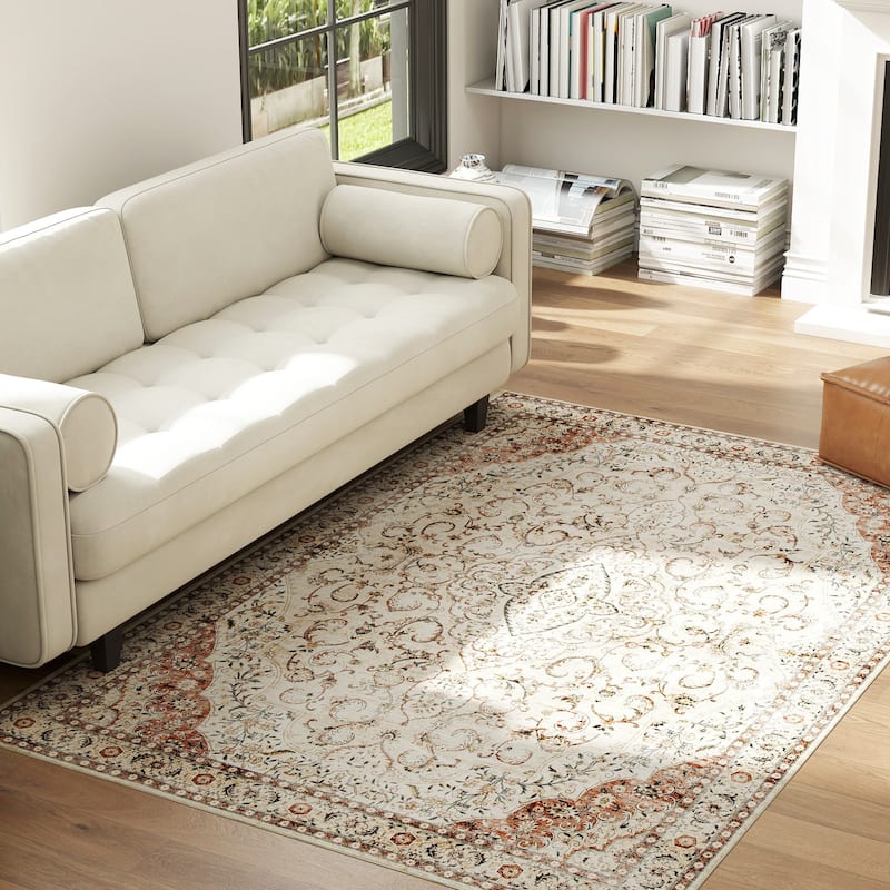 HOMCOM Area Rug 4x6, Machine Washable Rug, Non-Slip Classical Floral Print Floor Cover Foldable Carpet for Living Room - 3'6"