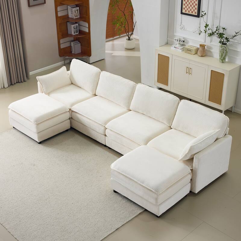 U-Shaped Modular Sectional Sofa with 2 Ottomans, Oversized Corduroy Upholstered Cloud Sofa, 4-Seater Sofa with 2 Throw Pillows