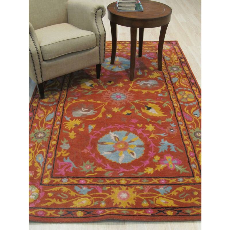 Rust Suzani Hand-Tufted Wool Traditional Rug, 5' x 8' - Colorful Suzani design with durable plush wool. - N/A