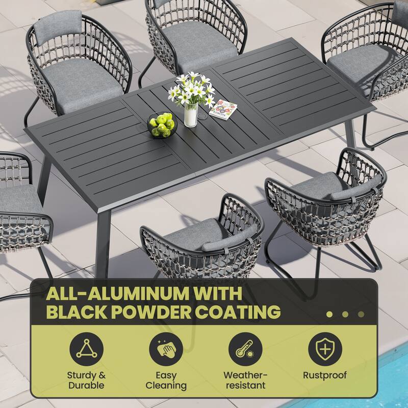 7/9/11-Piece Set Outdoor Aluminum Dining Table with Umbrella Hole and PE Rattan Chairs