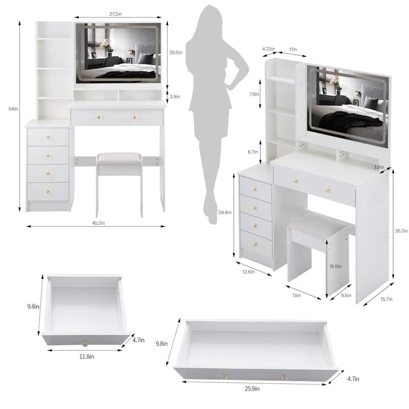 41"Large Size Left Bedside Cabinet Vanity Table+Cushioned Stool, Extra Large LED Mirror, Multi Layer High Capacity Dresser
