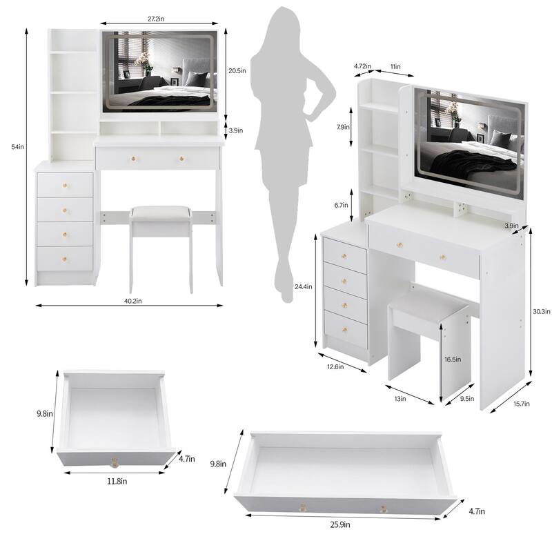 Makeup Vanity Desk with Extra Large Lighted Mirror, Left Drawer Cabinet, Adjustable LED Lighting, and Stool for Bedroom