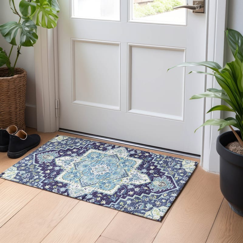 Machine Washable Indoor/ Outdoor Persian Traditional Chantille Rug - Navy - 1'8" x 2'6"
