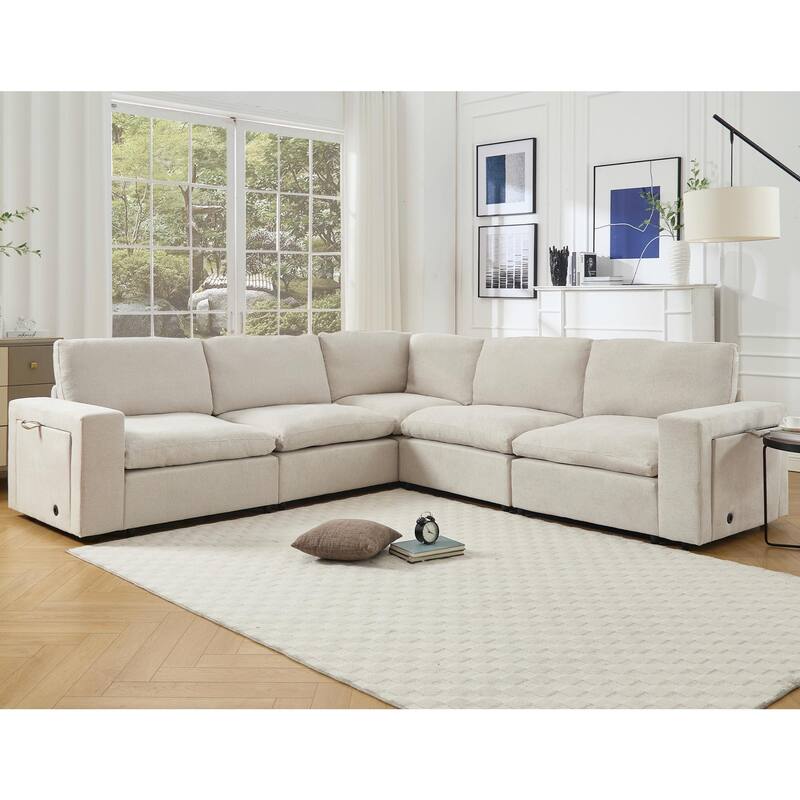 141.5" Linen Modular L-Shaped Sectional Sofa with Charging
