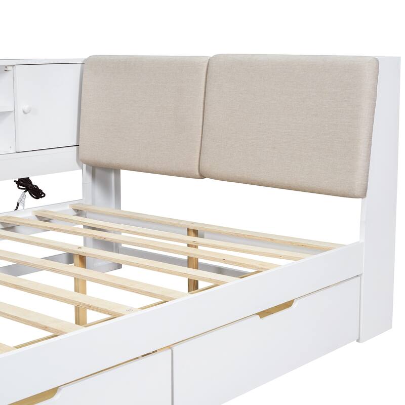 L-shaped Daybed Wooden Corner Sofa Bed Frame with Sliding Doors Bookcase Captains Bed, Upholstered Headboard Built-in Storage