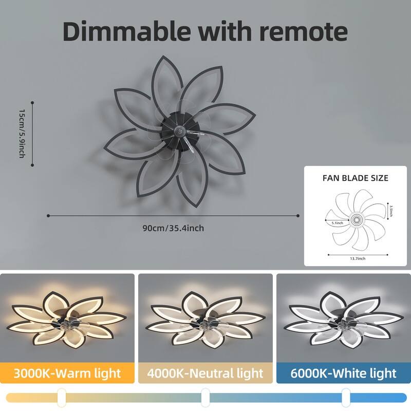 35'' 7 - Blade Ceiling Fan with LED Lights，Indoor Remote Control Ceiling Fans with Lights