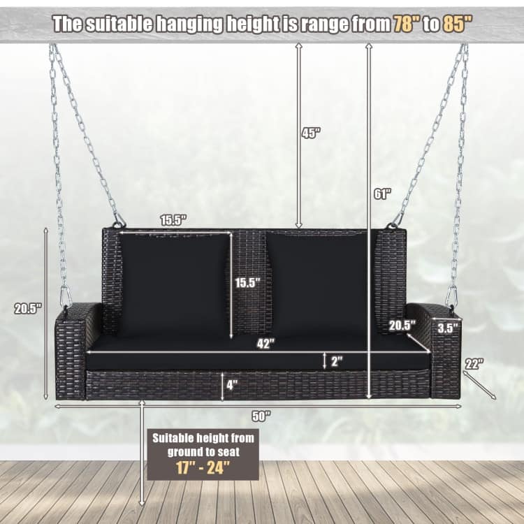 2-Person Wicker Hanging Porch Swing with 2 Back Cushions and 1 Seat Cushion - 50" x 22" x 20.5" (L x W x H)