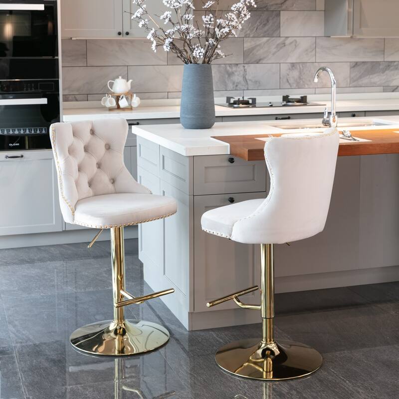 Set of 2 Swivel Velvet Bar Stools with Adjustable Height