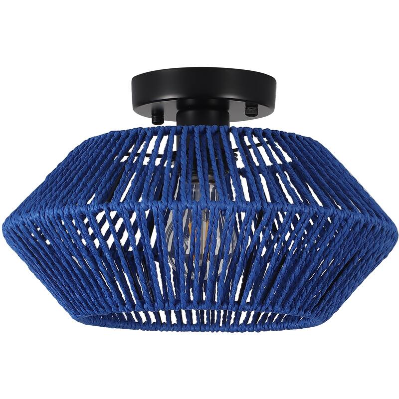 1-Light Farmhouse Style Classic Semi Flush Mount Chandelier, Hand-Woven Semi-Flush Mount Ceiling Light with Drum Shade