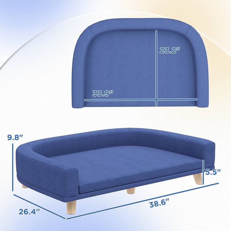 Elevated Dog Sofa with Removable Washable Cover Plush Blue Pet Couch for Medium to Large Dogs - 38.6" W x 26.4" D x 9.8" H