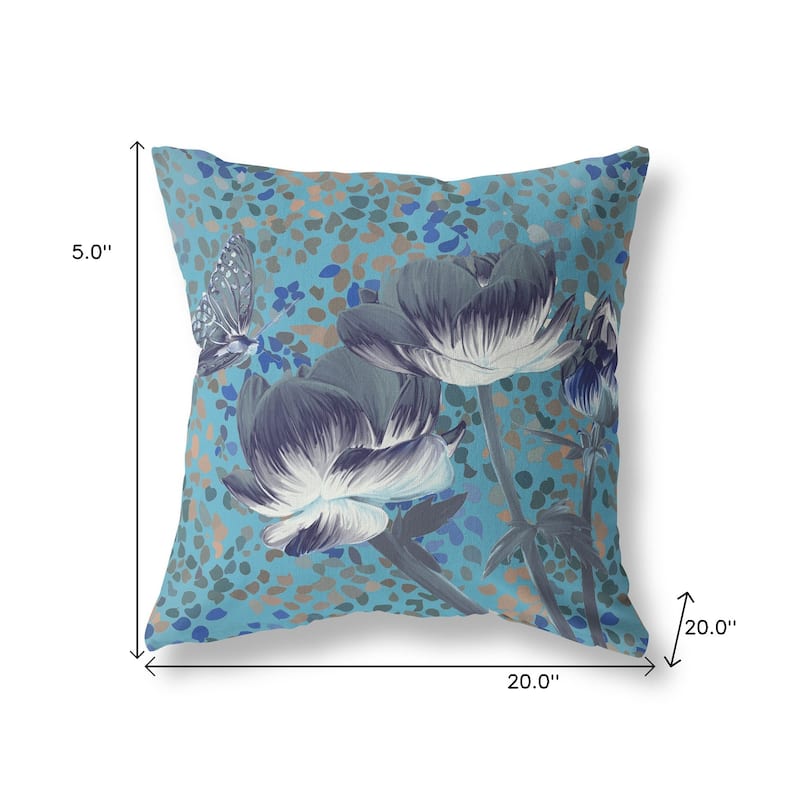 HomeRoots 20" x 20" Blue and Green Blown Seam Floral Indoor Outdoor Throw Pillow - 20.00' X '5.00' X '20.00