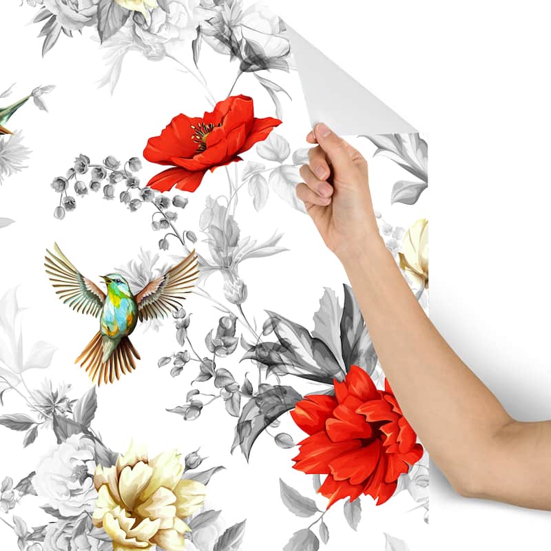 Summer Poppies and Birds Removable Wallpaper - 10'ft H x 24''inch W