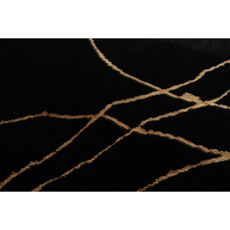 Wool & Silk Black Tibetan 4'x5'9'' Hand Knotted Contemporary Rug - 4' x 5' 9''