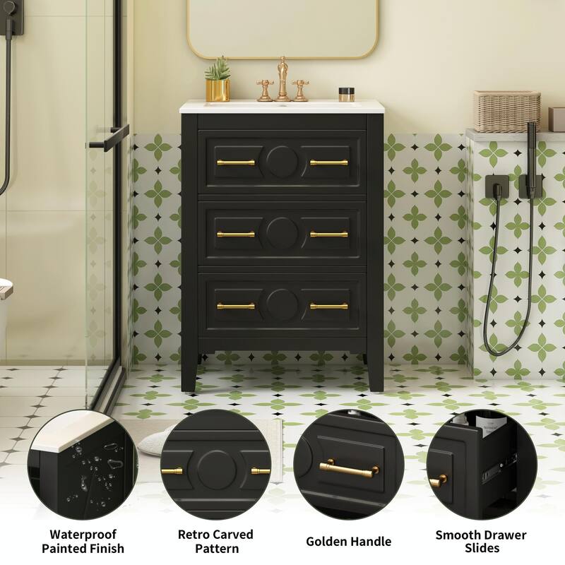 24" Bathroom Vanity with Ceramic Sink Combo, Free-Standing Single Vanity Set with 3 Drawers