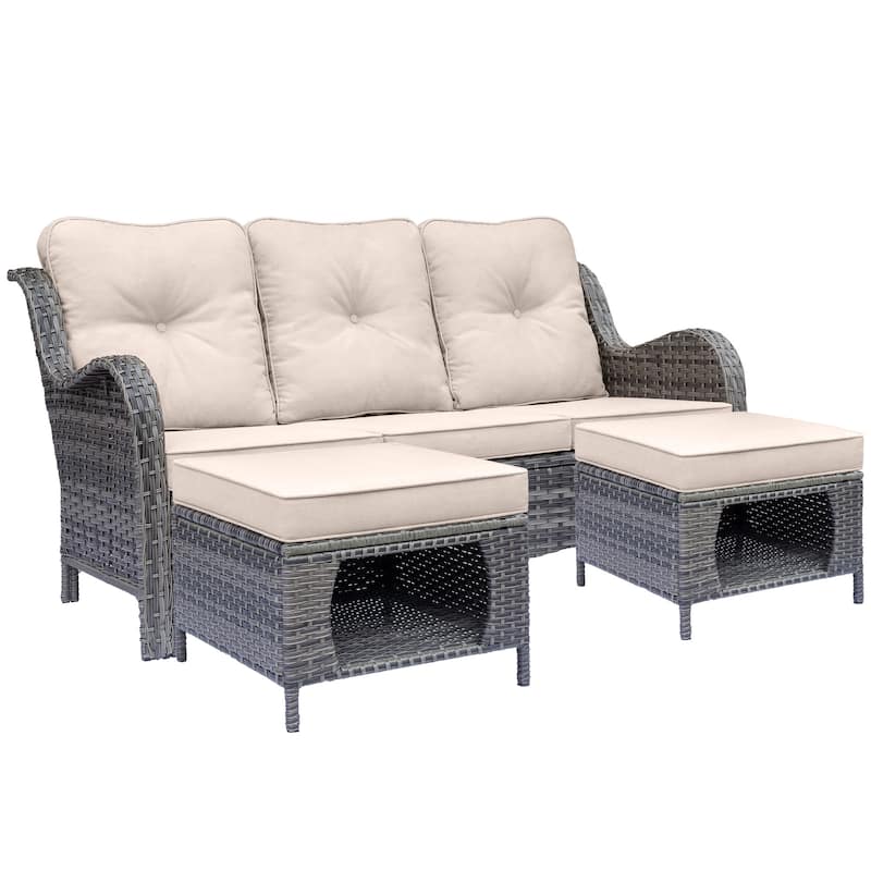 3 Piece Patio Sofa Set-Wicker Outdoor Sofa Sets with Storage Ottoman