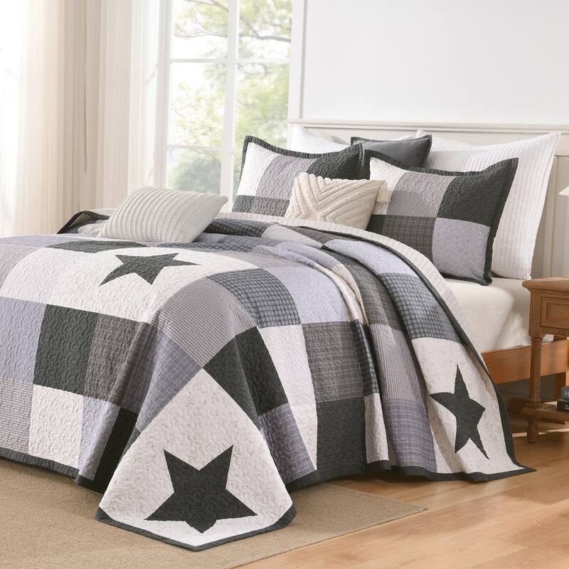 3 Pcs Cotton Modern Star Pattern Checkered Quilt Bedspread Set