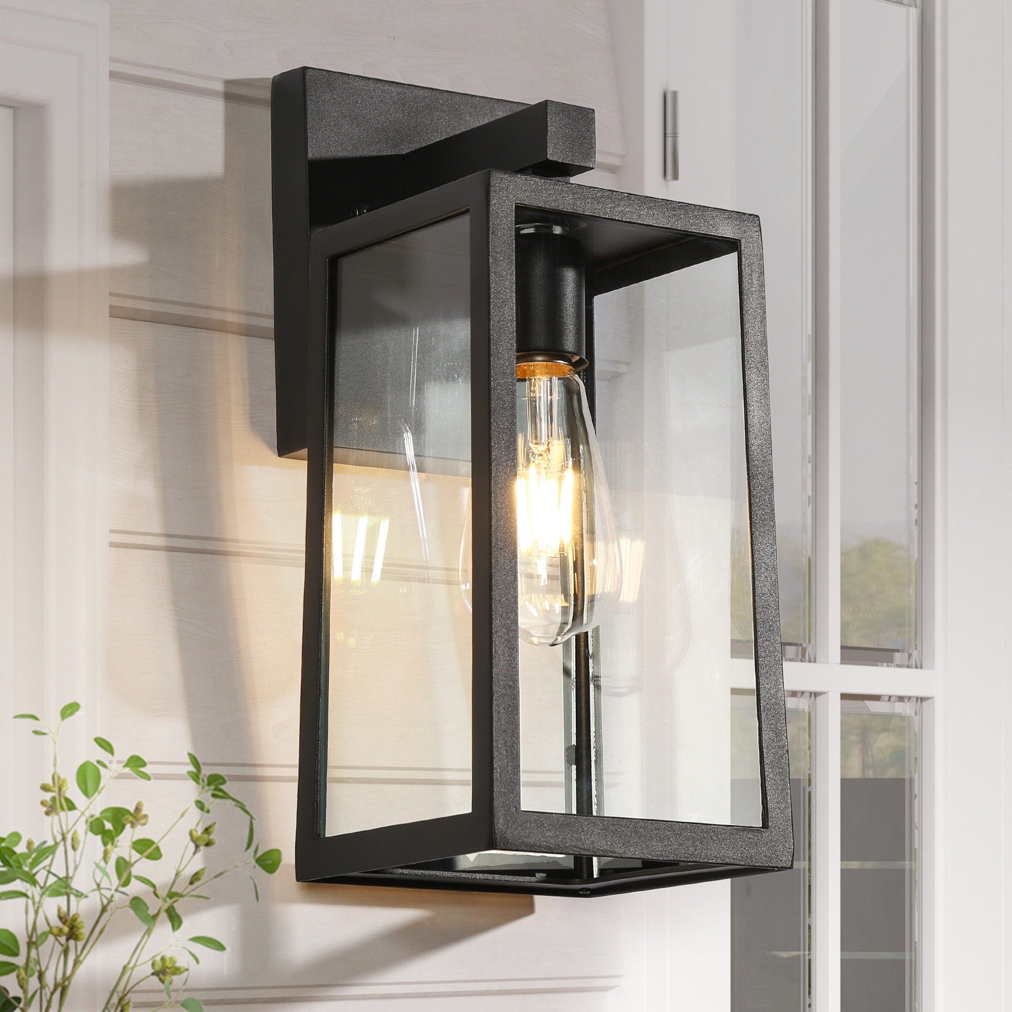 LALUZ Modern Farmhouse Black 1-Light Outdoor Glass Wall Sconce Patio Lantern - W5.9" x H13.4"