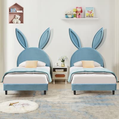 VECELO Wooden Cute Rabbit Twin Bed Frame with Upholstered Headboard, Kids Bed Frame Set of 2
