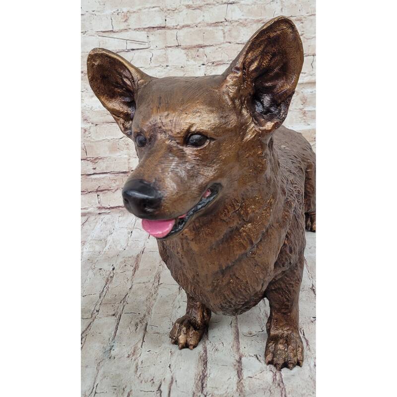 Bronze Metal Corgi Imitative Dog Sculpture Statue Figurine Collectible Decor Signed Art