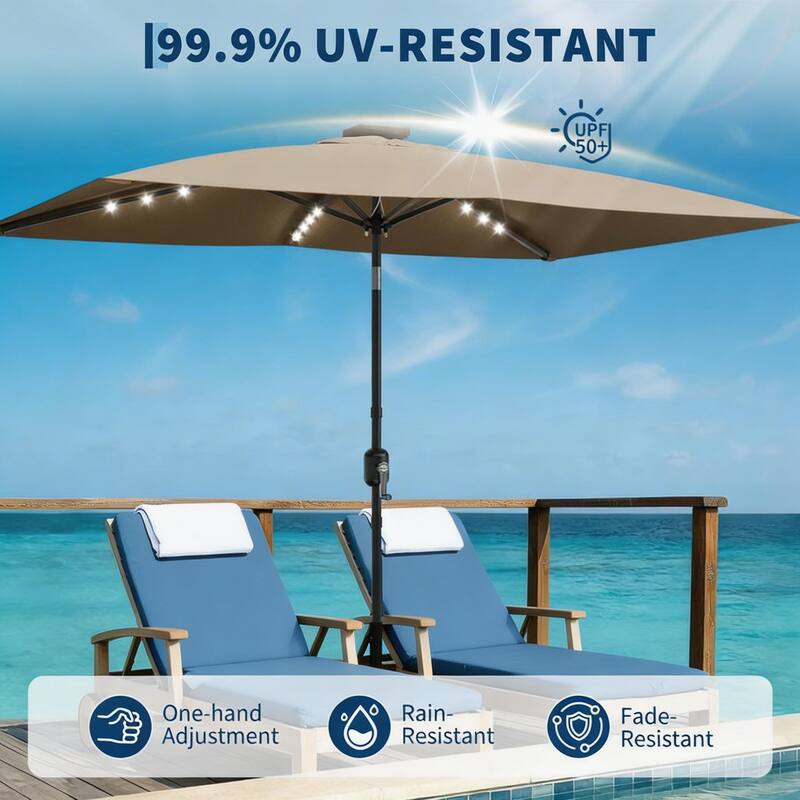 10 x 6.5 ft Solar Rectangular Patio Umbrella, with LED Lights