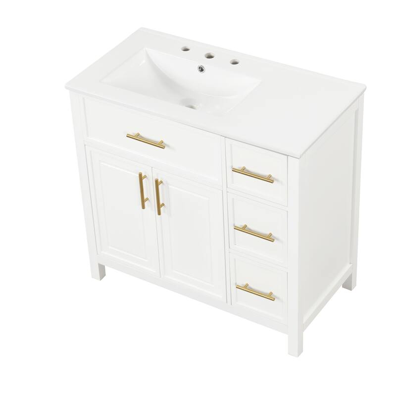 Roomfitters 36" Bathroom Vanity with Sink, Left-Side Basin, Solid Wood Frame, 2 Doors & 3 Drawers
