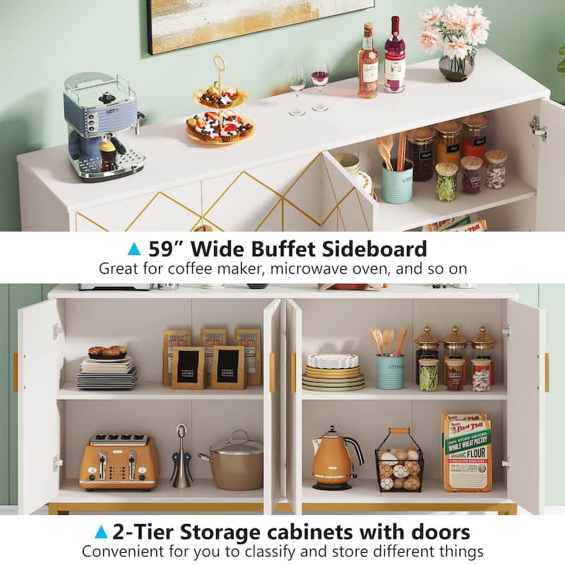 White Gold Buffet Cabinet with Storage Kitchen Sideboard Storage